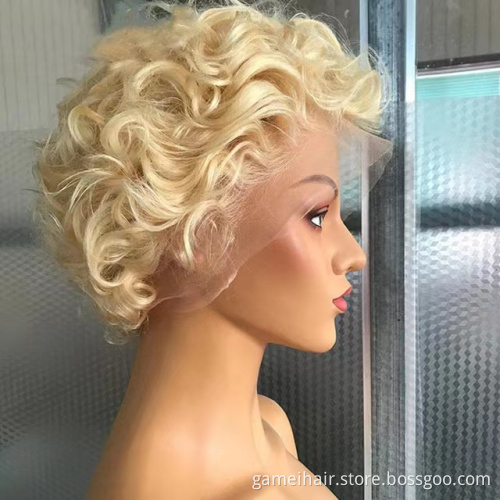 150% Density Brazilian Remy Curly Wig For Black Women Curly Brazilian Remy  Hair 13x1 Lace Wigs Short Blond Pixie Human Hair